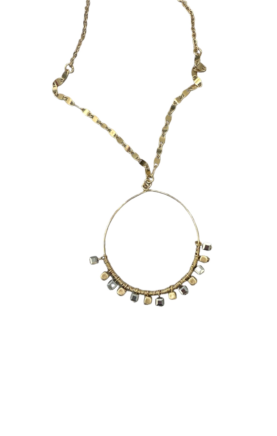 Gold Hem Beaded Circle Long Necklace