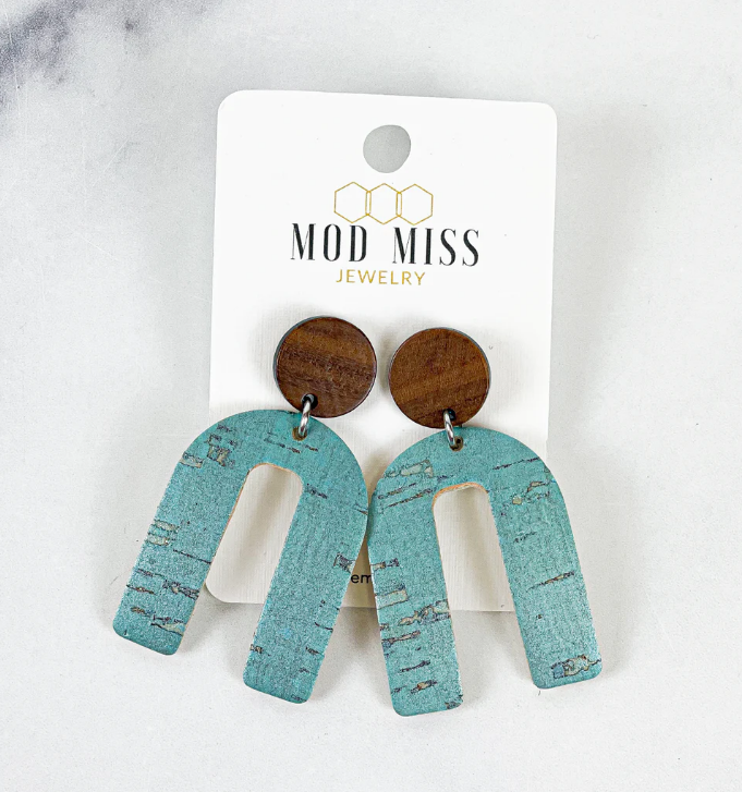 Turquoise Cork Leather Arch Earrings w/Wood Stud