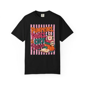 Pumpkins Pages & Cozy Places Stripes Tee | Fall Reading Graphic Tee Book Lover Fall Vibes Bookish Comfort Colors Cozy Fall Tee Books