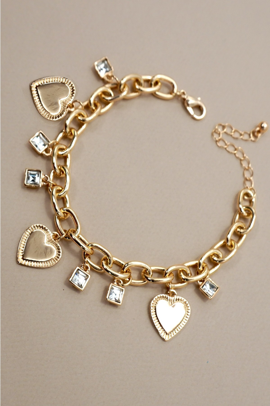 Gold Heart & Rhinestone Charm Bracelet