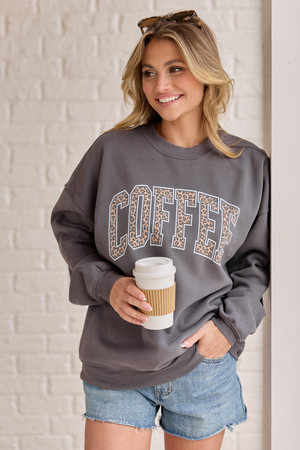 Coffee Leopard Print Dark Grey Graphic Sweatshirt - STB Boutique
