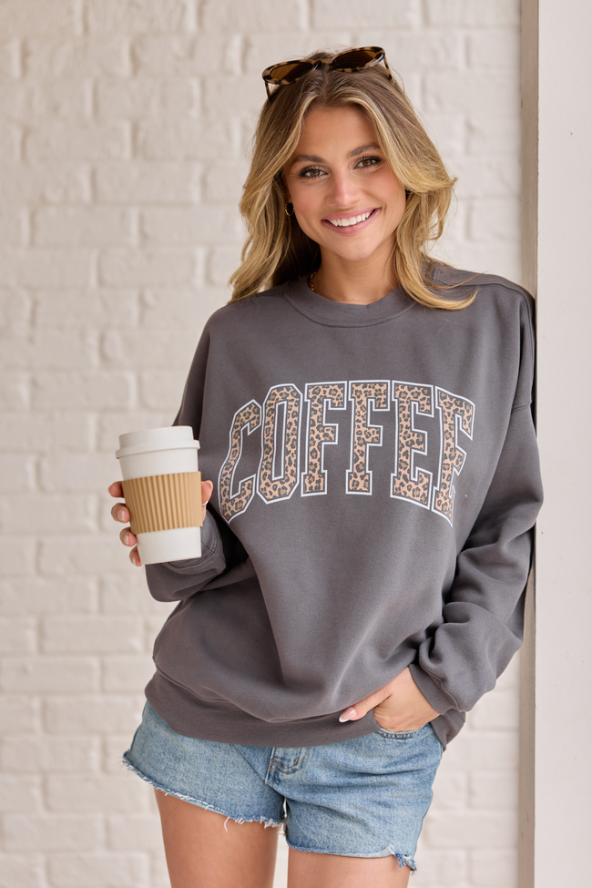 Coffee Leopard Print Dark Grey Graphic Sweatshirt - STB Boutique