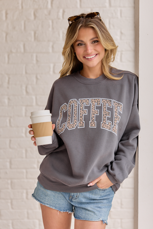 Coffee Leopard Print Dark Grey Graphic Sweatshirt - STB Boutique
