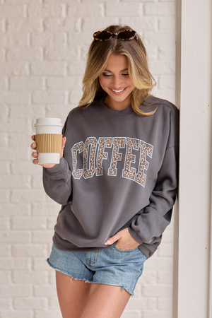 Coffee Leopard Print Dark Grey Graphic Sweatshirt - STB Boutique