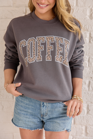 Coffee Leopard Print Dark Grey Graphic Sweatshirt - STB Boutique