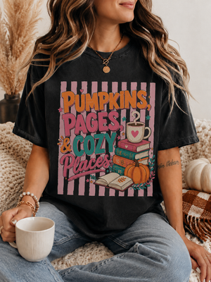 Pumpkins Pages & Cozy Places Stripes Tee | Fall Reading Graphic Tee Book Lover Fall Vibes Bookish Comfort Colors Cozy Fall Tee Books