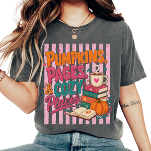 Pumpkins Pages & Cozy Places Stripes Tee | Fall Reading Graphic Tee Book Lover Fall Vibes Bookish Comfort Colors Cozy Fall Tee Books