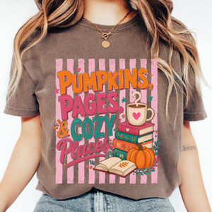 Pumpkins Pages & Cozy Places Stripes Tee | Fall Reading Graphic Tee Book Lover Fall Vibes Bookish Comfort Colors Cozy Fall Tee Books