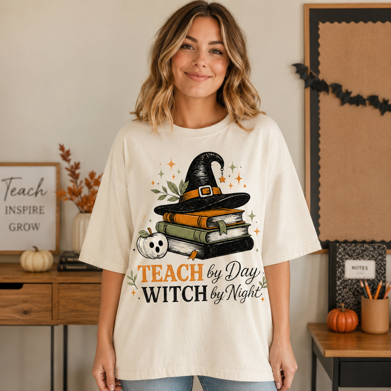 Teach by Day Witch by Night Teacher Halloween Tee - 4 Colors
