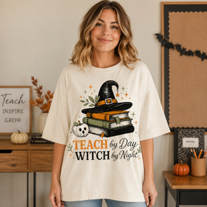 Teach by Day Witch by Night Teacher Halloween Tee - 4 Colors