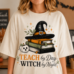 Teach by Day Witch by Night Teacher Halloween Tee - 4 Colors