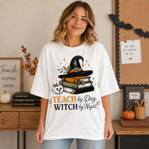 Teach by Day Witch by Night Teacher Halloween Tee - 4 Colors