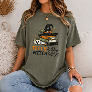 Teach by Day Witch by Night Teacher Halloween Tee - 4 Colors