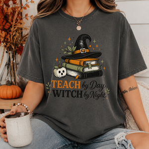Teach by Day Witch by Night Teacher Halloween Tee - 4 Colors