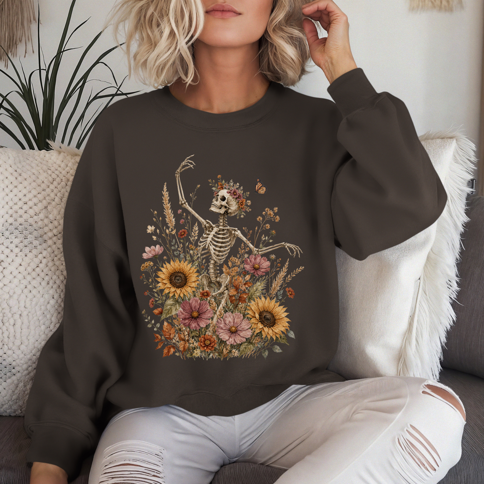 Boho Floral Skeleton Crewneck Sweatshirt - 5 Colors