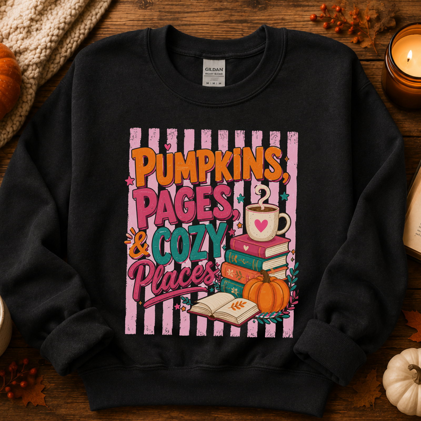 Pumpkins Pages & Cozy Places Stripes Crewneck Sweatshirt - 4 Colors