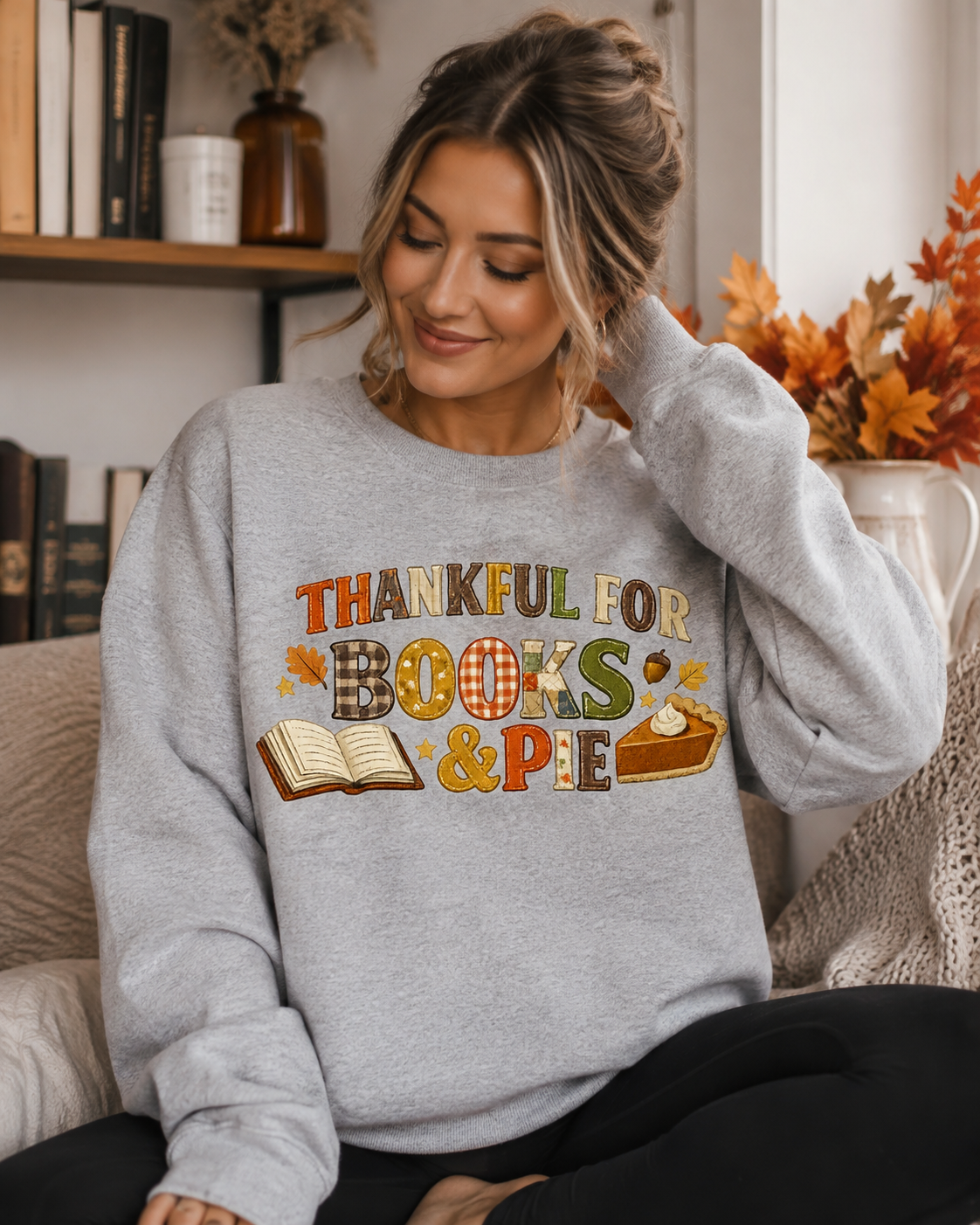 Thankful for Books and Pie Crewneck Sweatshirt - 4 Colors