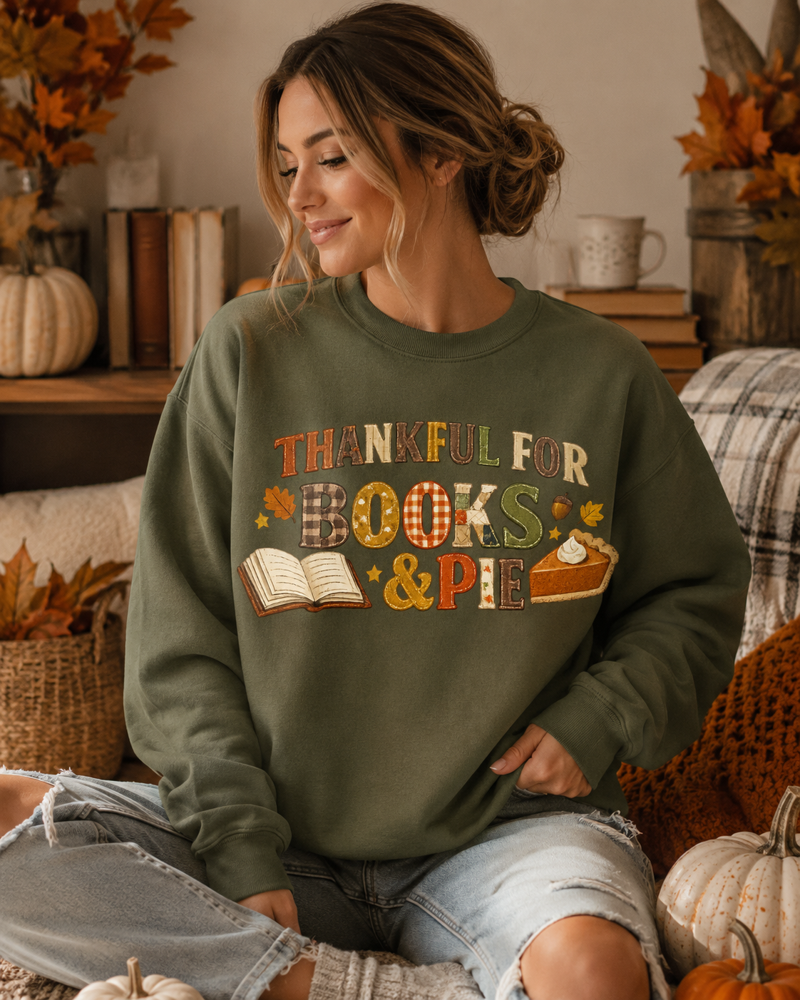 Thankful for Books and Pie Crewneck Sweatshirt - 4 Colors
