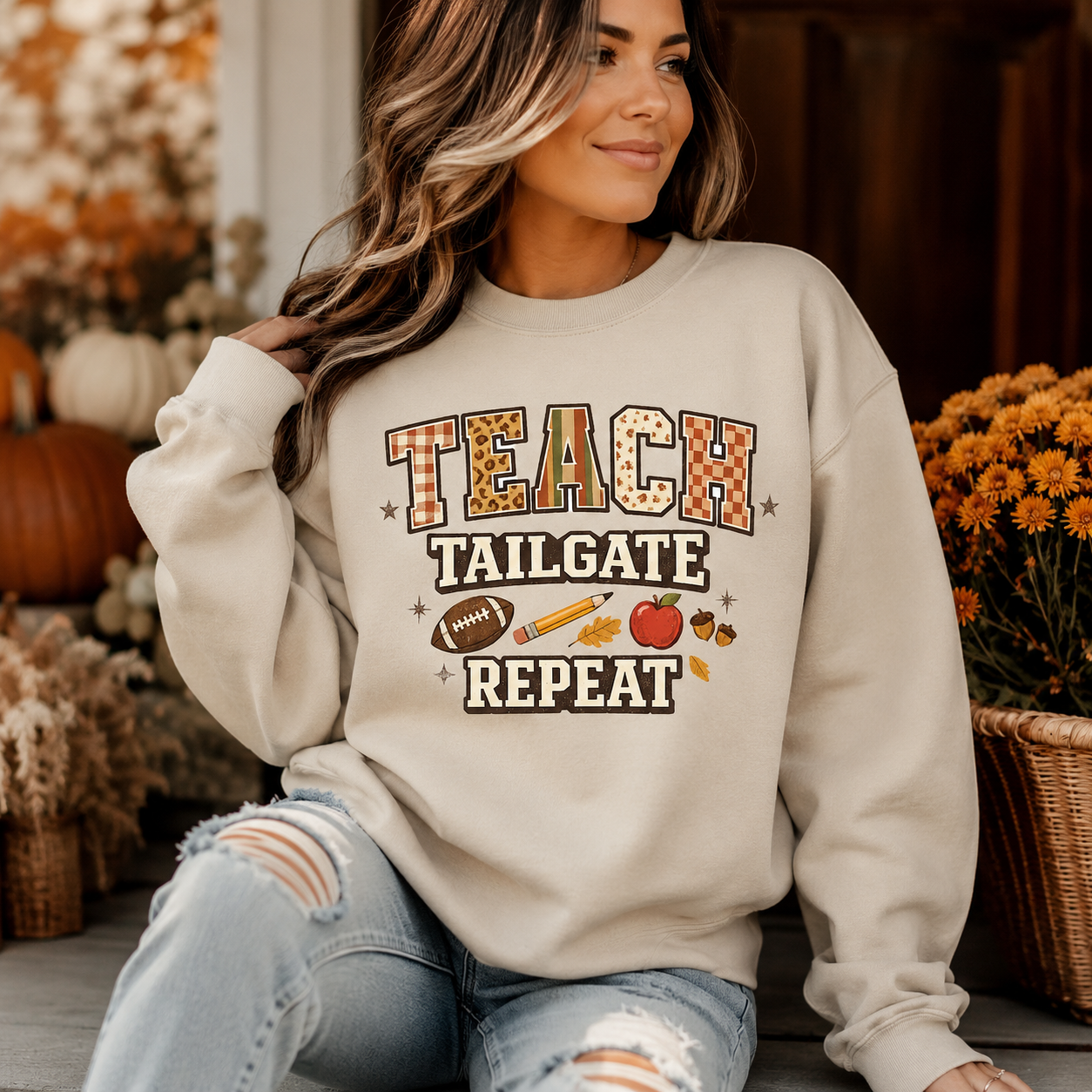 Teach Tailgate Repeat Football Crewneck Sweatshirt - 4 Colors