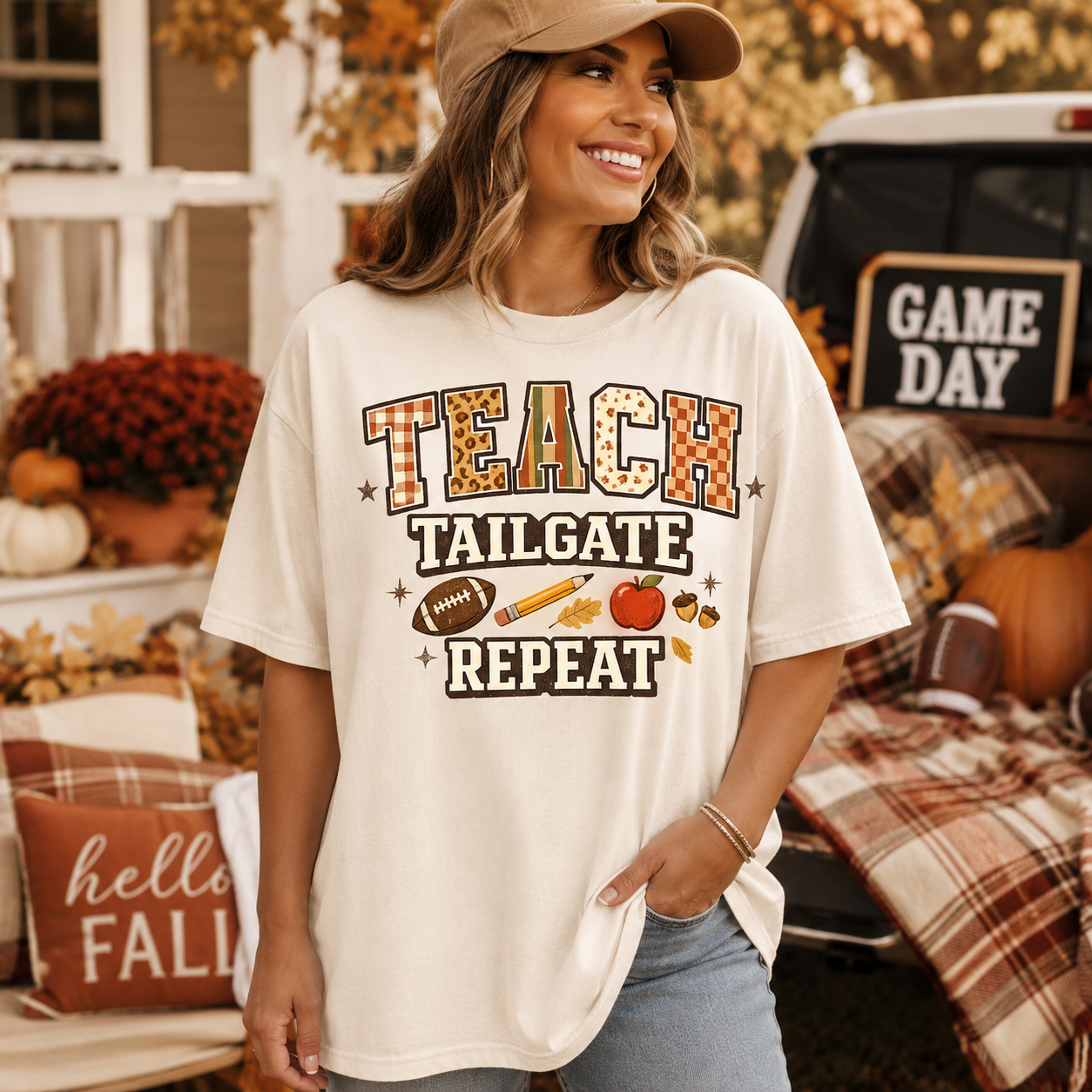 Teach Tailgate Repeat Football Tee - 4 Colors