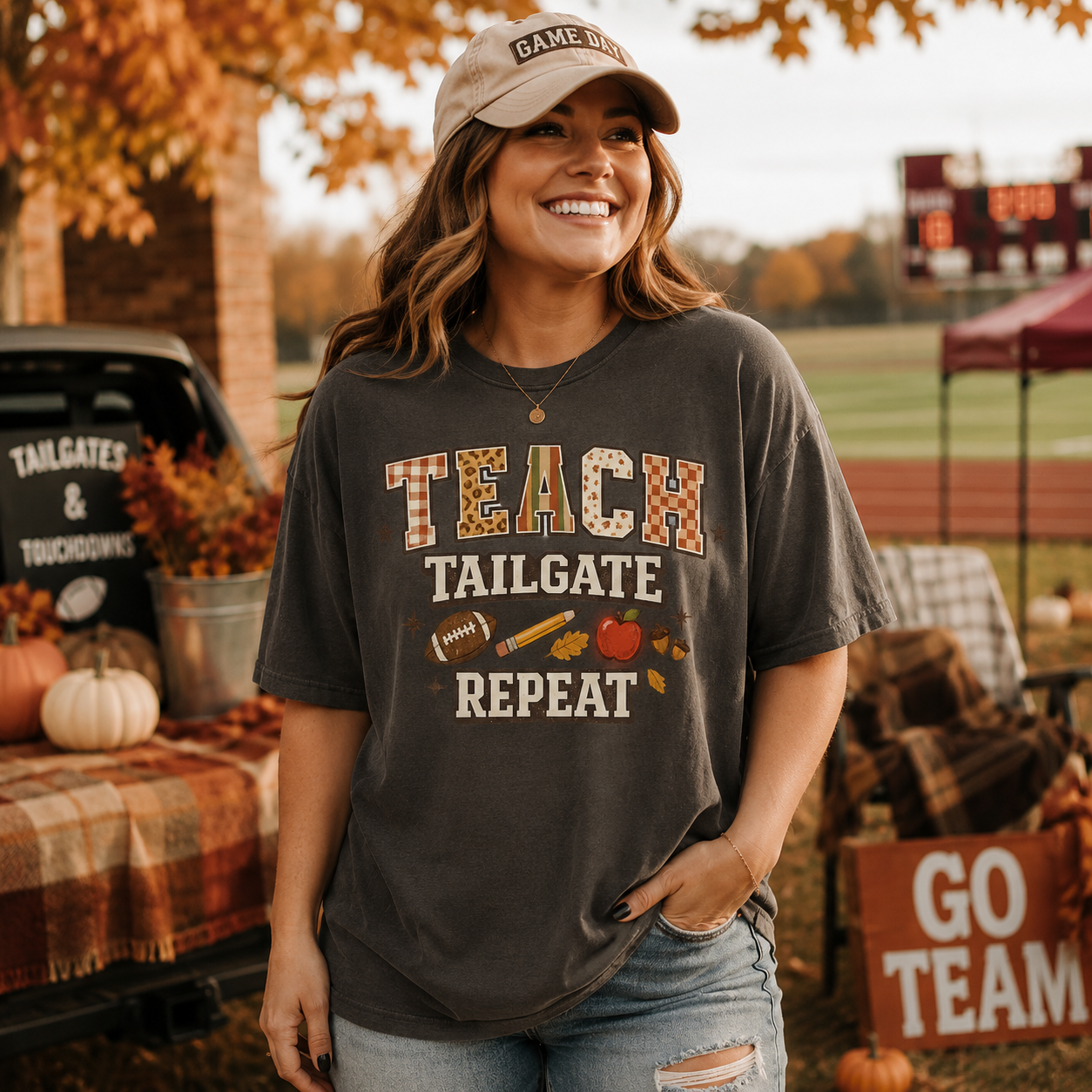 Teach Tailgate Repeat Football Tee - 4 Colors
