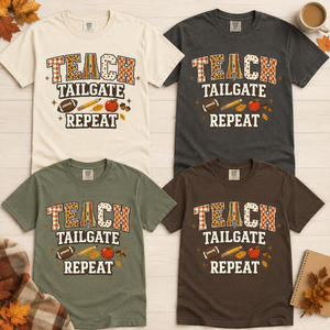 Teach Tailgate Repeat Football Tee - 4 Colors