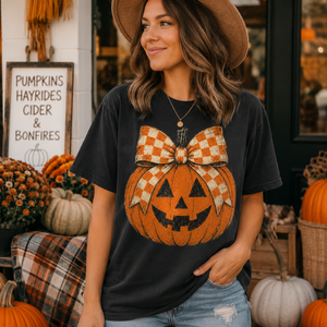 Pumpkin Checkered Bow Tee - 3 Colors