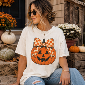 Pumpkin Checkered Bow Tee - 3 Colors