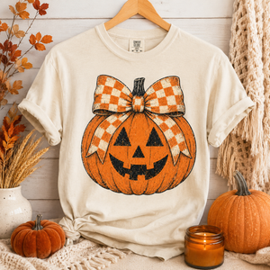 Pumpkin Checkered Bow Tee - 3 Colors