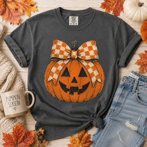 Pumpkin Checkered Bow Tee - 3 Colors