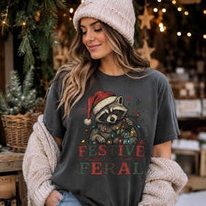 Festive But Feral Raccoon Christmas Tee - 4 Colors
