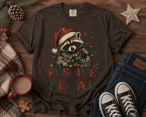 Festive But Feral Raccoon Christmas Tee - 4 Colors
