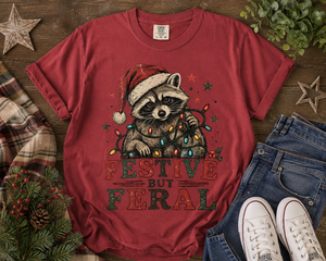 Festive But Feral Raccoon Christmas Tee - 4 Colors