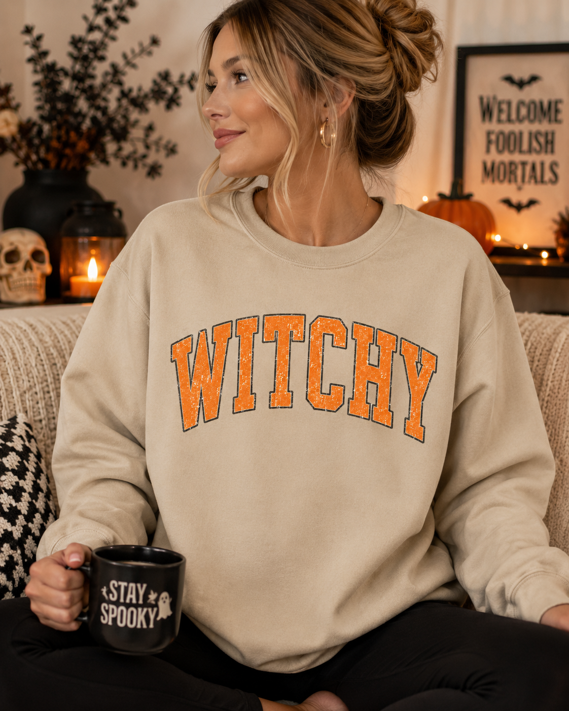 Distressed Orange Witchy Crewneck Sweatshirt - 4 Colors