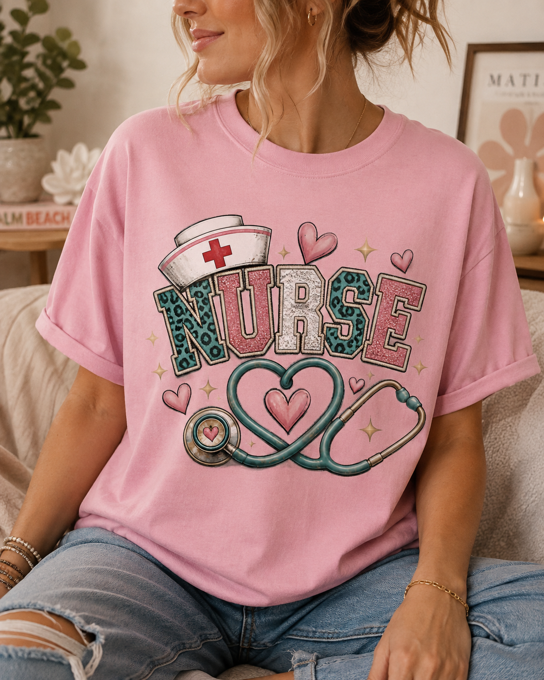 Nurse Leopard Glitter Tee - 4 Colors