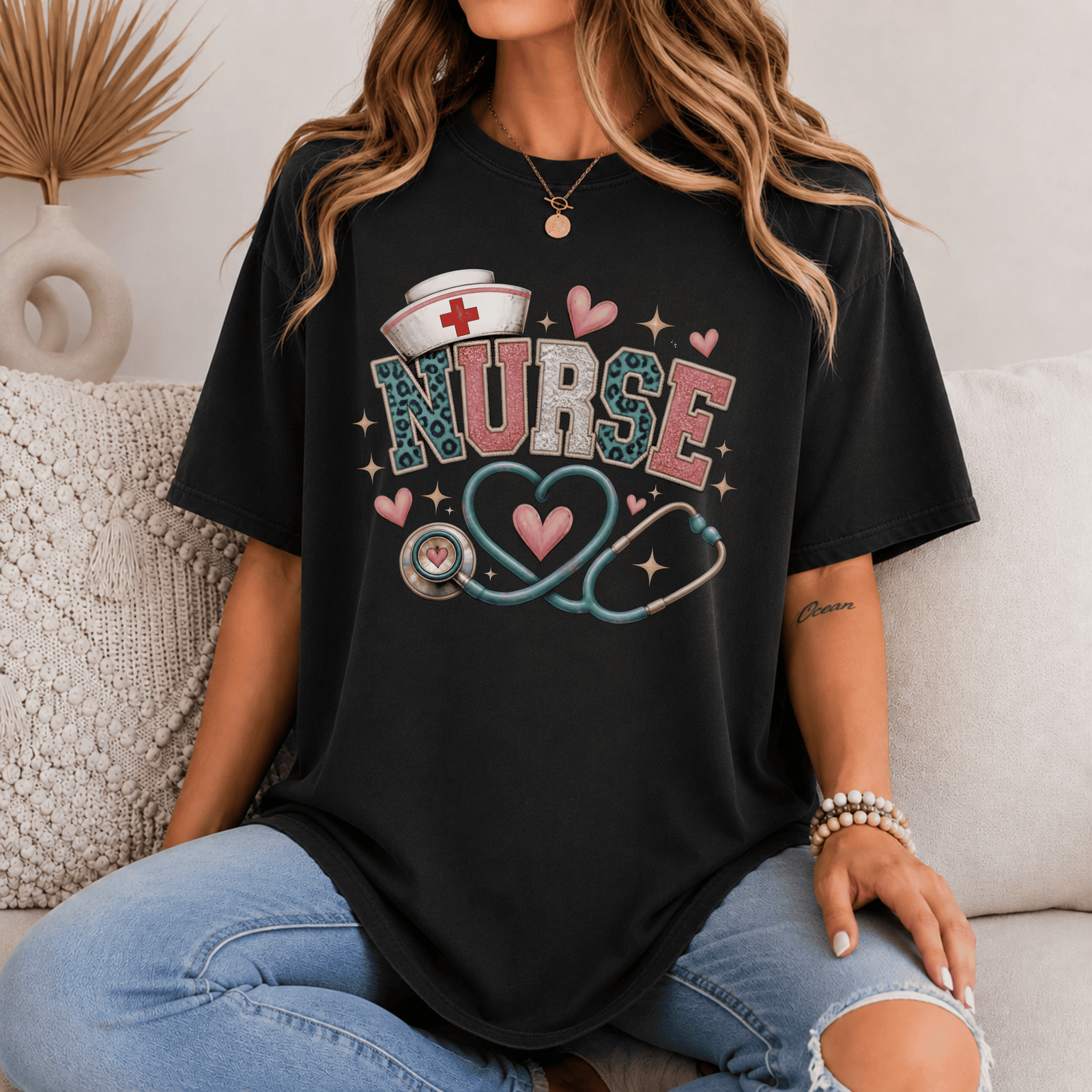 Nurse Leopard Glitter Tee - 4 Colors