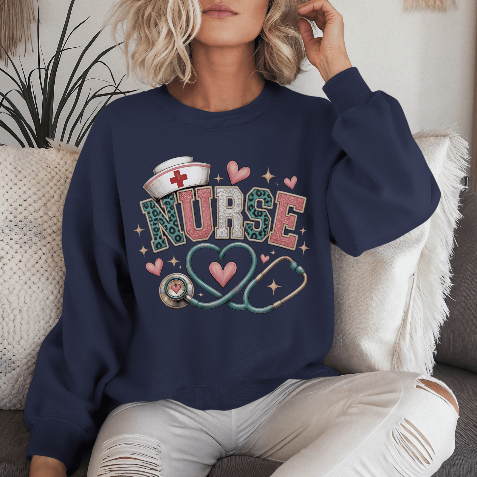 Nurse Leopard Glitter Crewneck Sweatshirt - 3 Colors