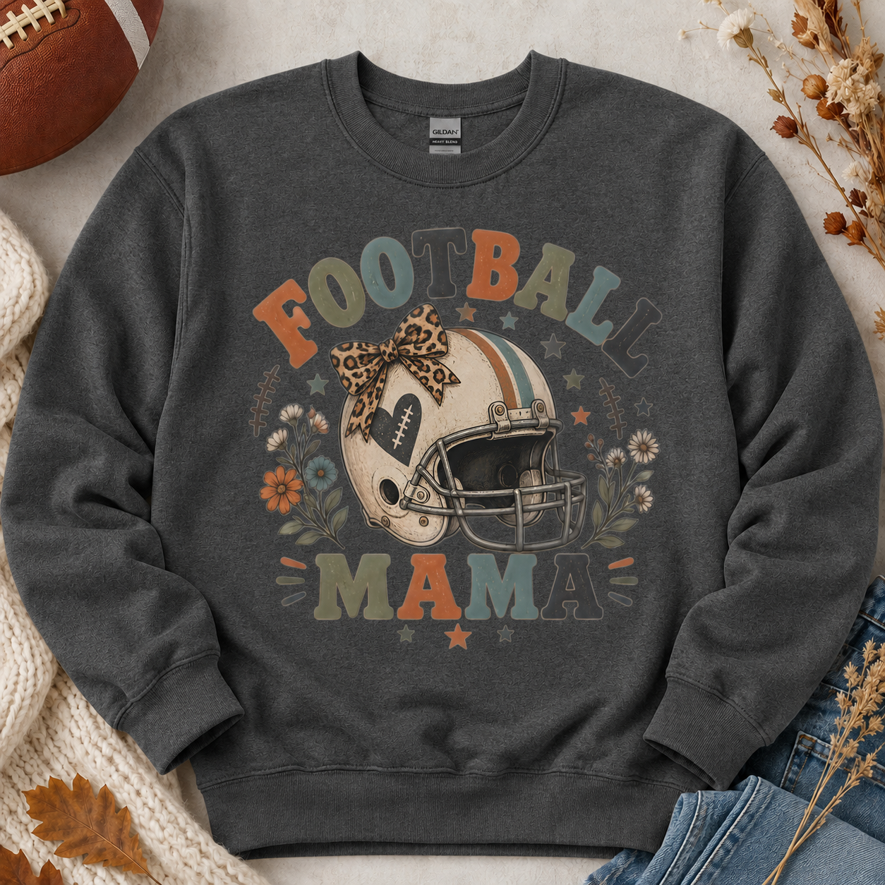 Football Mama Sweatshirt, Football Mom Game Day Crewneck, Retro Football Sweatshirt, Leopard Bow Football Mom Gift