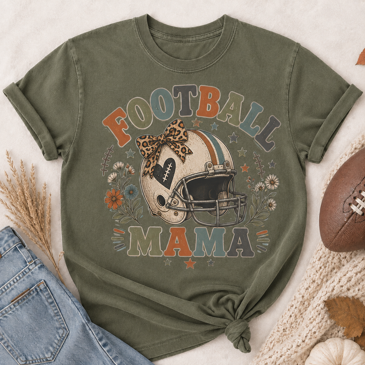 Football Mama Helmet Bow Tee - 4 Colors