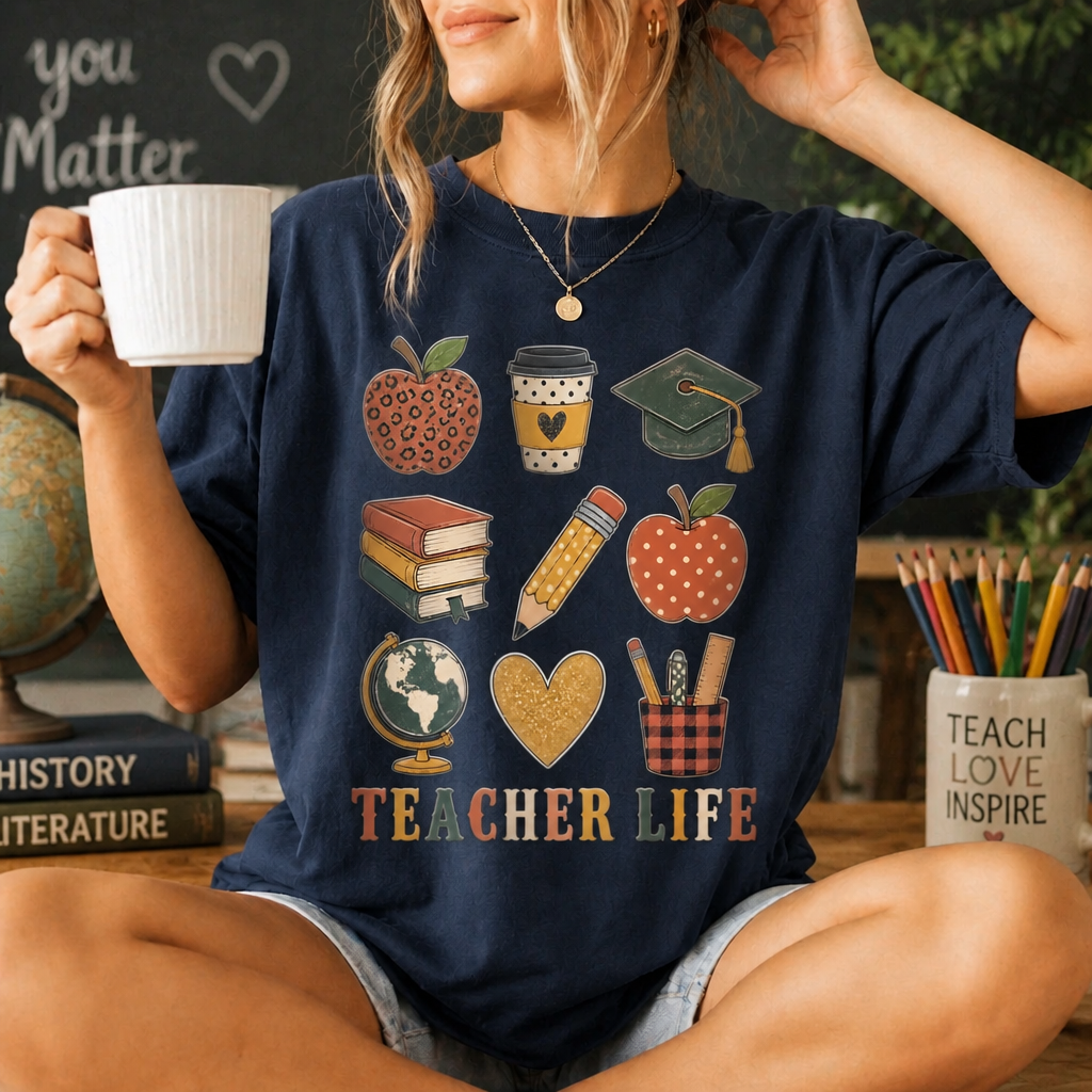 Teacher Life Stacked Icons Tee - 6 Colors