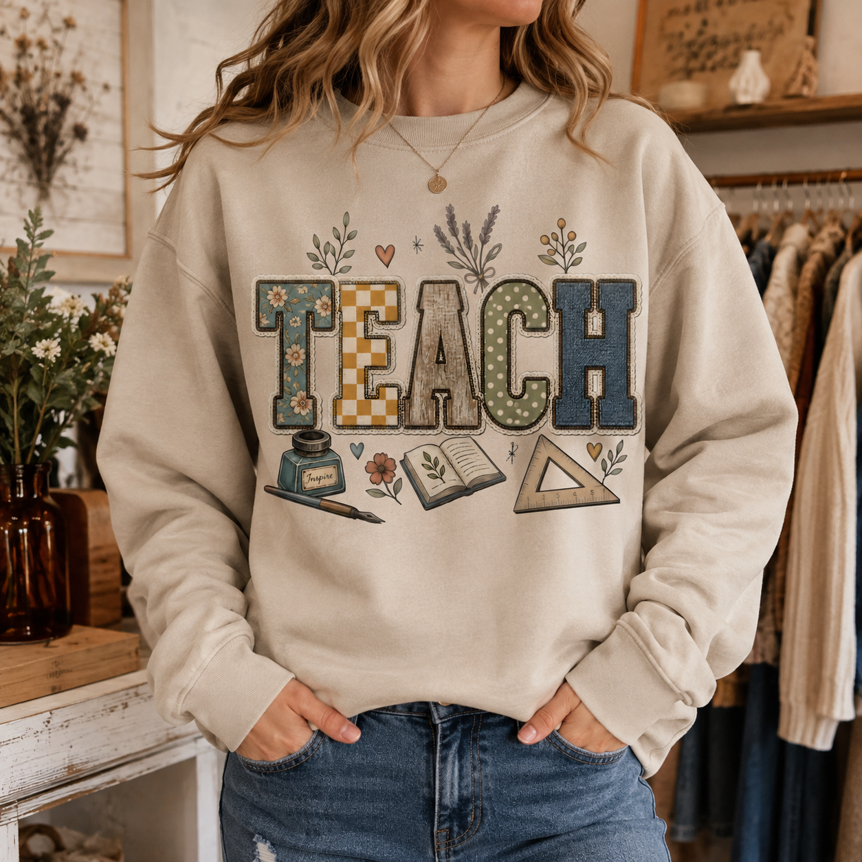 Teach Pattern Faux Patch Crewneck Sweatshirt - 4 Colors