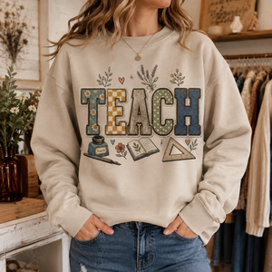 Teach Pattern Faux Patch Crewneck Sweatshirt - 4 Colors