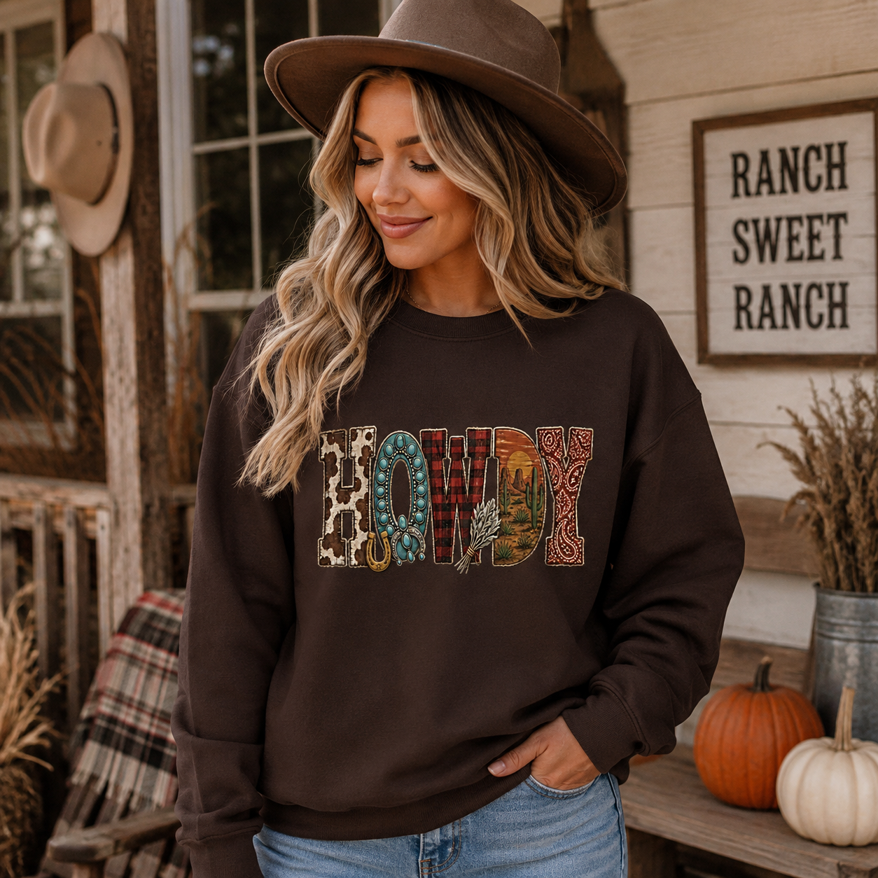 Western Howdy Pattern Crewneck Sweatshirt - 5 Colors