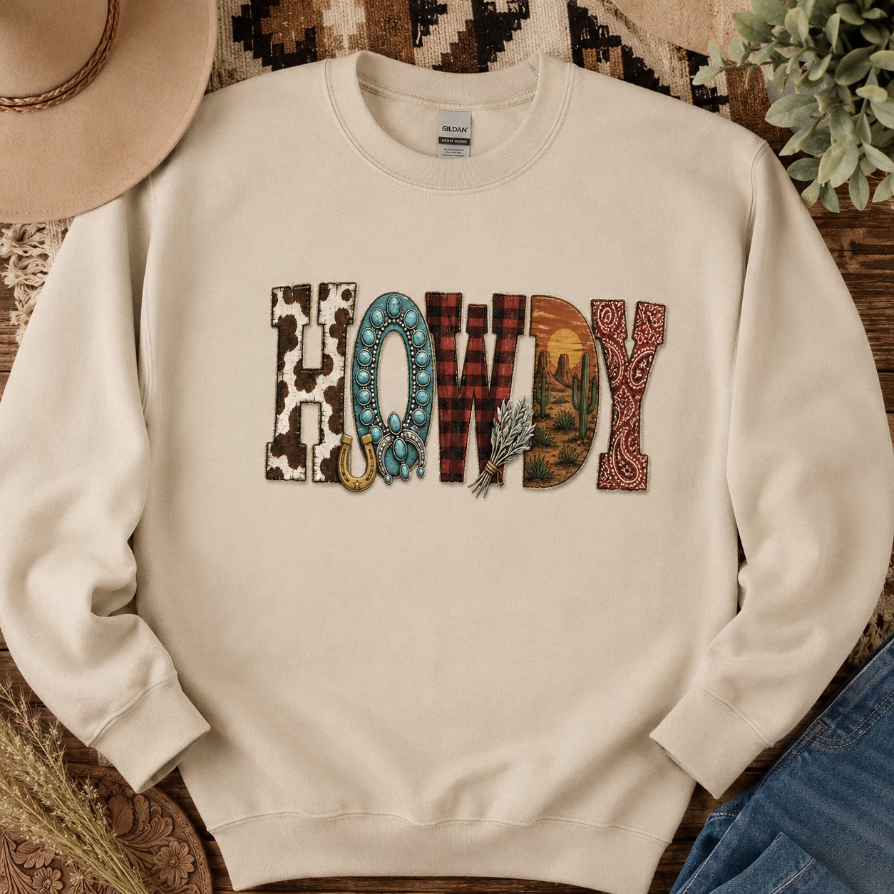 Western Howdy Pattern Crewneck Sweatshirt - 5 Colors