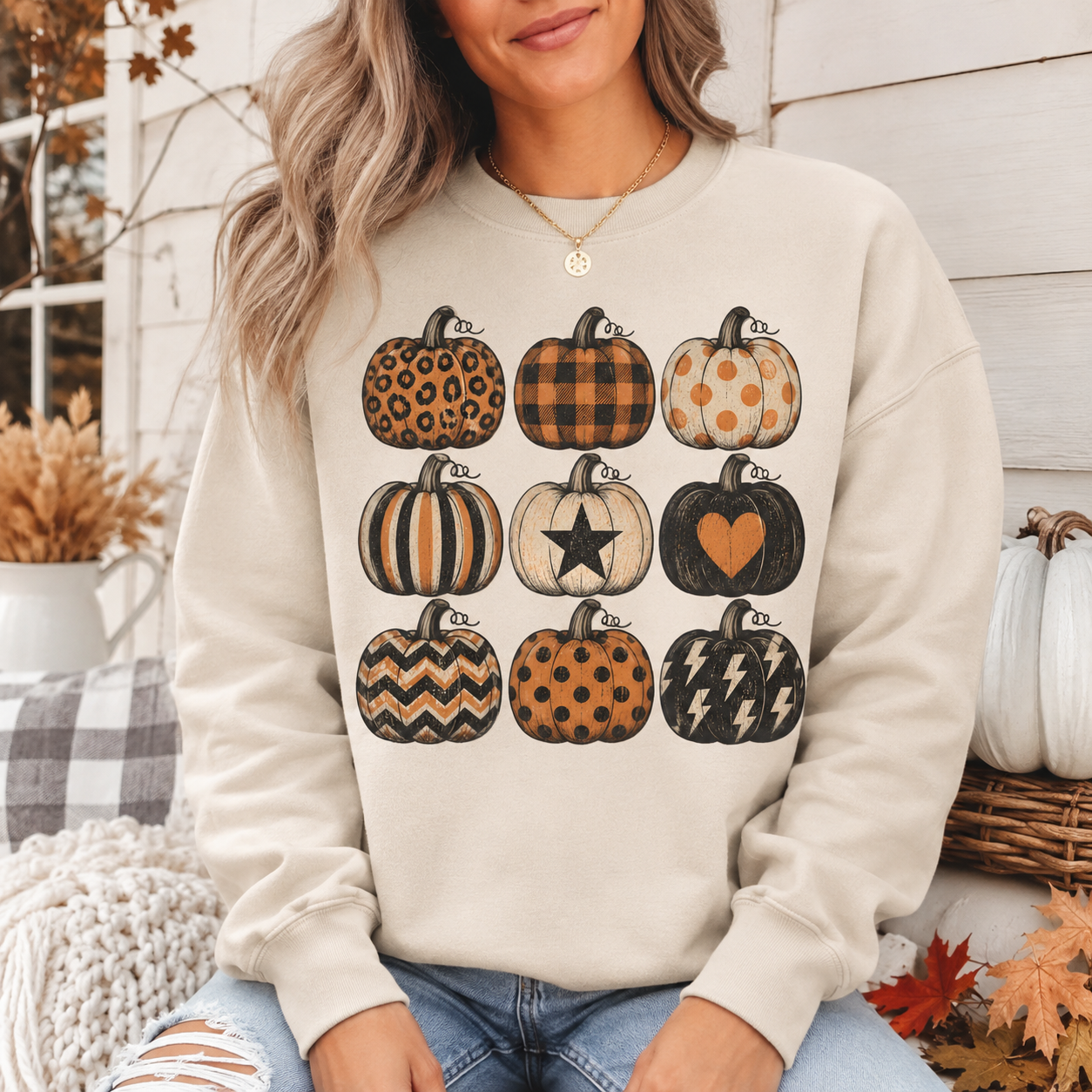 Halloween Pumpkin Stacked Crewneck Sweatshirt - 5 Colors