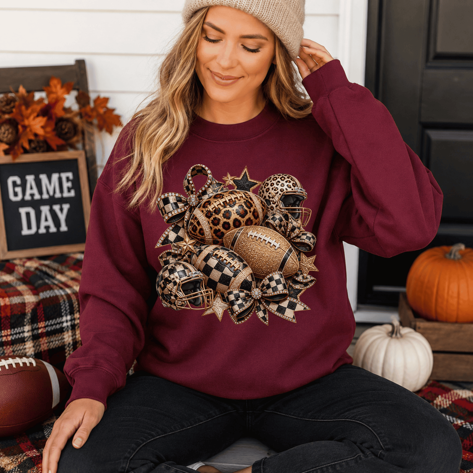 Checkered Leopard Glam Football Crewneck Sweatshirt - 5 Colors