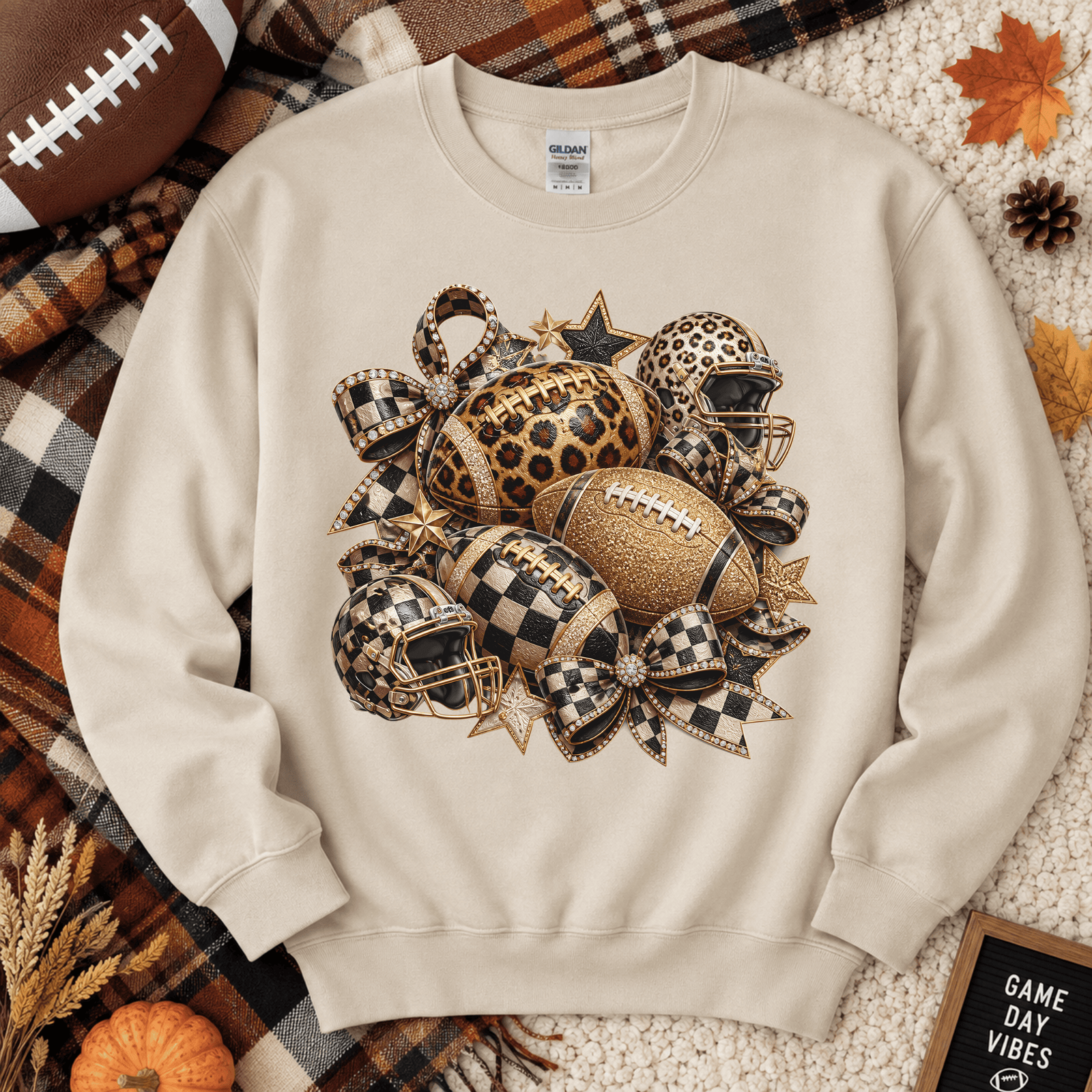 Checkered Leopard Glam Football Crewneck Sweatshirt - 5 Colors