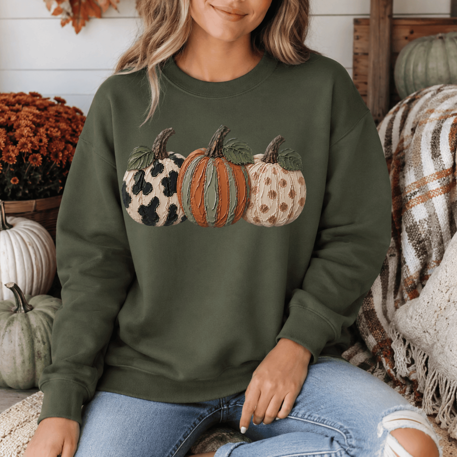 Fall Pumpkin Faux Paint Crewneck Sweatshirt - 7 Colors