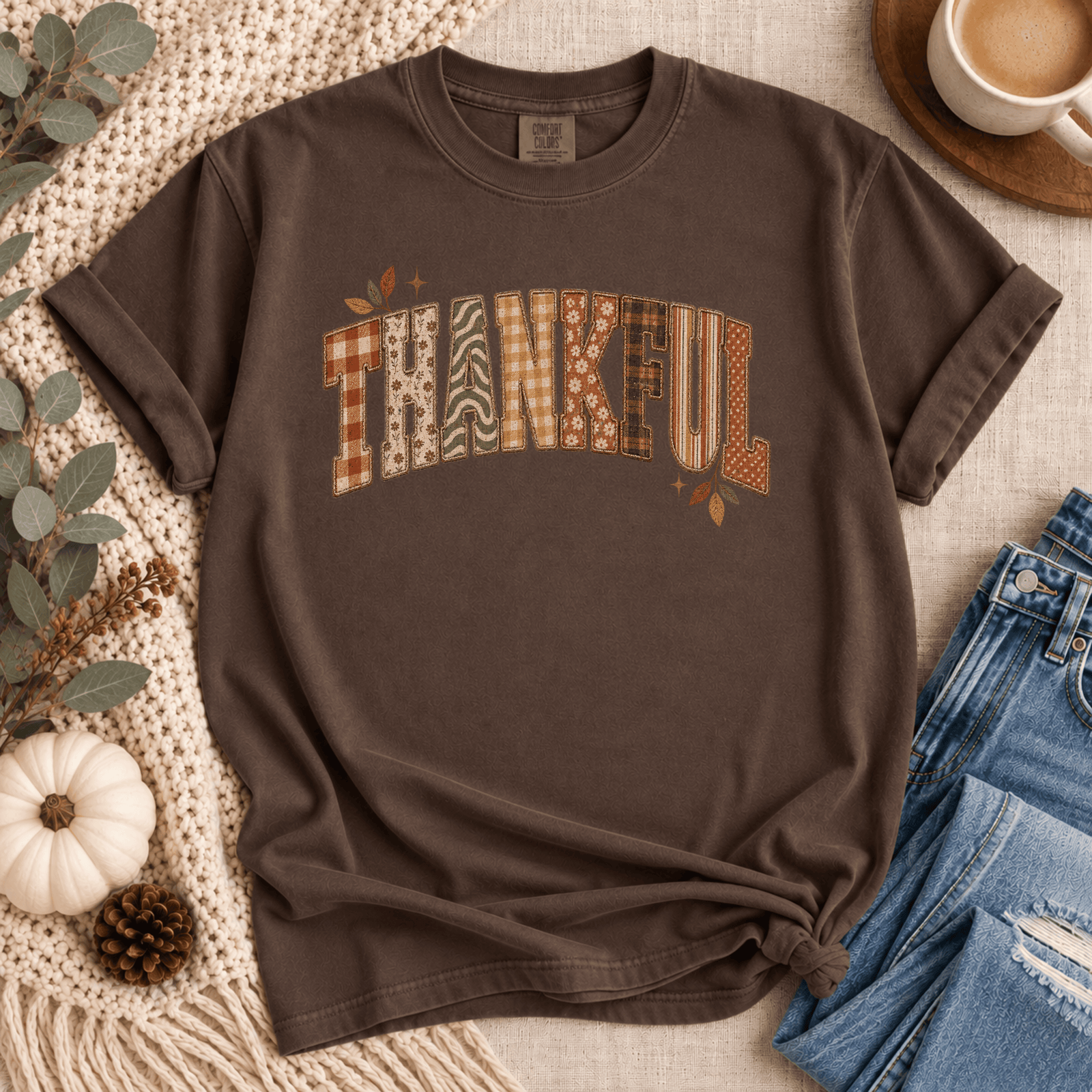 Thankful Pattern Patchwork Tee - 5 Colors