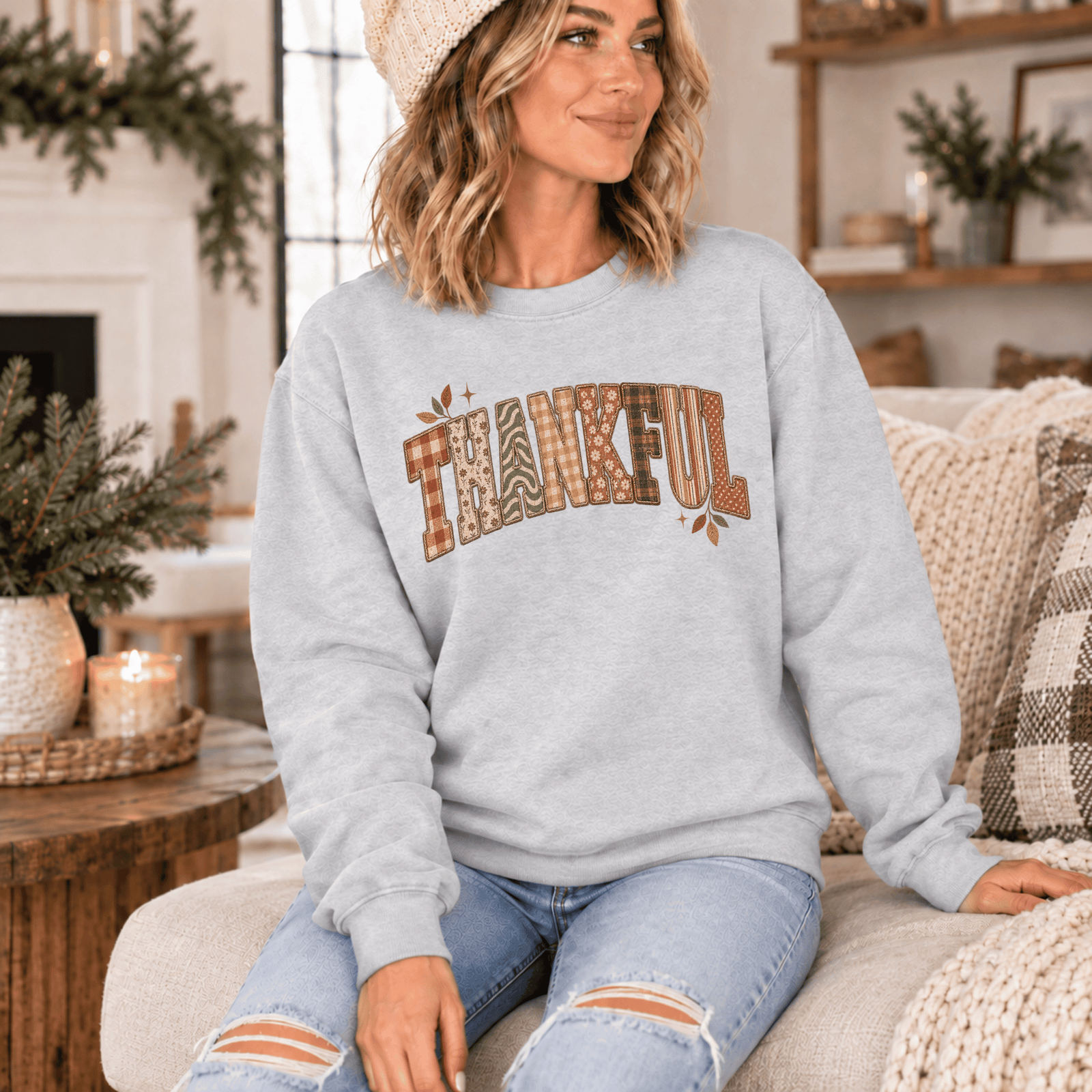 Thankful Pattern Patchwork Sweatshirt - 6 Colors